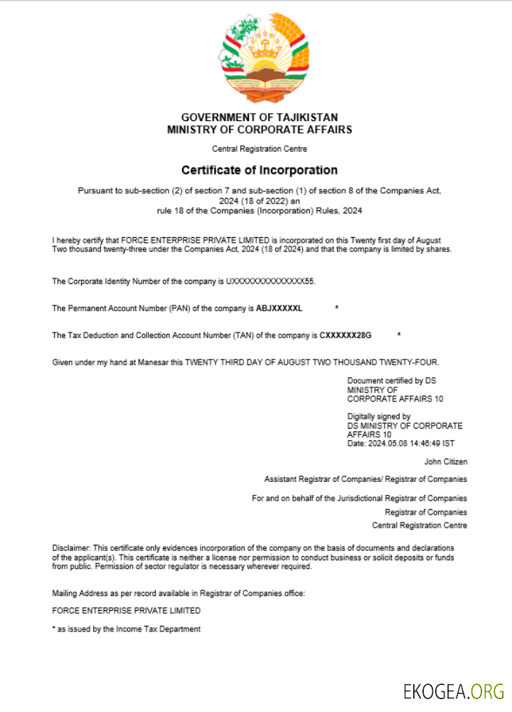 Modèle Word et PDF de certificat d'enregistrement d'entreprise au Tadjikistan (1)